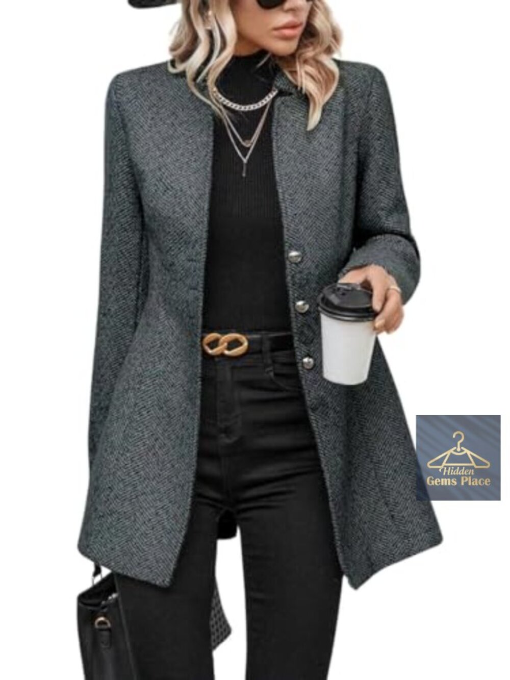 Herringbone Wool Blend Blazer Notch Collar Business Casual Coat